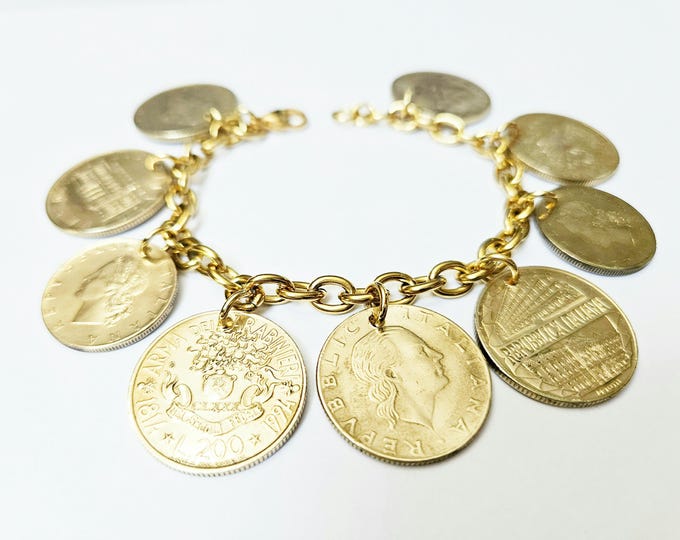 Italy Italian Lire Custom World Travel Coin Bracelet Globe Countries Bon Voyage Memento Vintage Coins Souvenirs from Around the World Rare