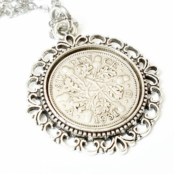 1931 Birthday Gifts for Women, Lucky Sixpence Pendant Necklace Bracelet Key Chain Born in 1931 Birthday Gifts, Sixpence in her Shoe, Grandma