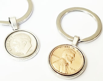 50th Birthday Gifts for Men 1974 1975 1976 Anniversary Gift Key Chain Lucky Penny Keyring US 1 cent  Dime Keychain House Key Gifts for Women