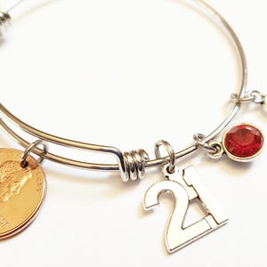 21st Birthday Gift 2003 2004 2005 Bracelet Birthstone Happy Birthday Gift US Penny Bracelet Expandable Bangle initial charm Coin Jewelry