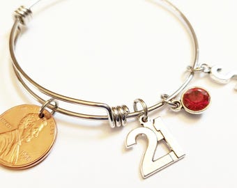 21st Birthday Gift 2003 2004 2005 Bracelet Birthstone Happy Birthday Gift US Penny Bracelet Expandable Bangle initial charm Coin Jewelry