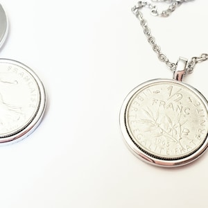 French 1/2 Franc Coin Pendant Republique Francaise, France Paris Unisex LIBERTE EGALITE FRATERNITE, liberty, equality, fraternite