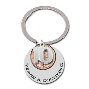10th Anniversary Gift 2014 2015 2016 10th Birthday Gift Ten Tin Anniversary Gift Him 10 Years and Counting Penny Keyring Wife Husband Her