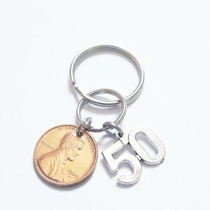 50th Birthday Gift 1974 1975 1976 50th Golden Anniversary Gift,  Penny Key Chain, Lucky Penny, Keychain Keyring, 50 and Fabulous