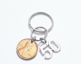 50th Birthday Gift 1975 1976 1977 50th Golden Anniversary Gift,  Penny Key Chain, Lucky Penny, Keychain Keyring, 50 and Fabulous