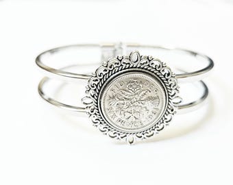 1956 Lucky Sixpence 70th Birthday Gifts for Women Bracelet Bangle Born in 1955 1956 1957 70 & counting Bride Gift Something Old