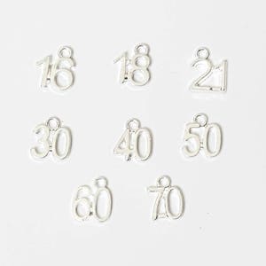 Number Charm 16th 18th 21st 30th 40th 50th 60th 70th Birthday Number Silver Plated  - Listing is for One Charm