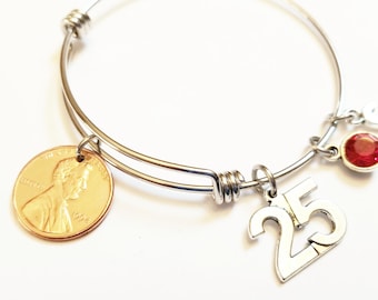 25th Birthday Gift 1999 2000 2001 Bracelet Birthstone Happy Birthday Gift US Penny Bracelet Expandable Bangle initial charm Coin Jewelry
