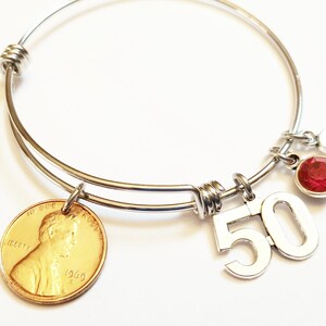 50th Birthday Gifts for Women 1975 1976 1977 Bracelet Birthstone US Penny Bracelet Expandable Bangle initial charm Coin Jewelry