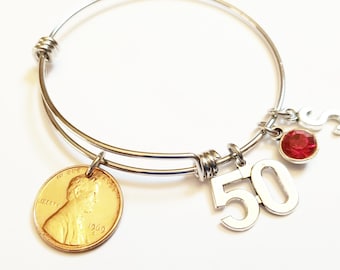 50th Birthday Gifts for Women 1975 1976 1977 Bracelet Birthstone US Penny Bracelet Expandable Bangle initial charm Coin Jewelry