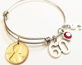 Pulsera de regalo para 60 cumpleaños, 1965, 1966, 1967, piedra natal, regalo de feliz cumpleaños, pulsera de centavo estadounidense, brazalete expandible, dije inicial, joyería con monedas