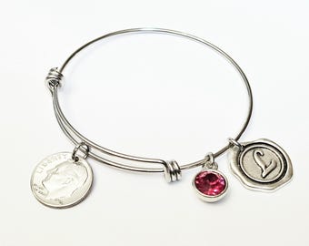 50th Birthday Gifts For Women 1975 1976 1977 Gift US Dime Bracelet Birthstone Expandable Bangle initial Coin Jewelry