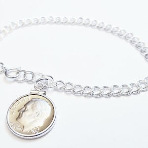60th Birthday Gifts for Women 1964 1965 1966 Wedding Anniversary Gift Sterling Silver Dime Penny Bezel Charm Bracelet US Coin Jewelry