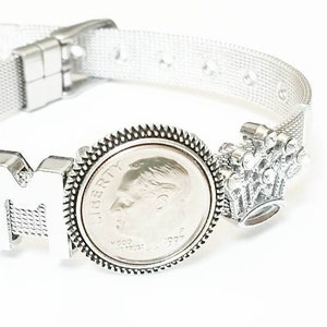 60th Birthday Gift 1964 1965 1966 Dime Stainless Steel Mesh Slide Charm Bracelet Birth Year Birthdate Coin Adjustable