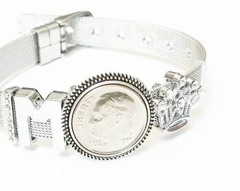 50. Geburtstag Geschenke für Frauen 1973 1974 1975 Dime Edelstahl Mesh Slide Bettelarmband Geburt Jahr Geburtsdatum Münze Einstellbar