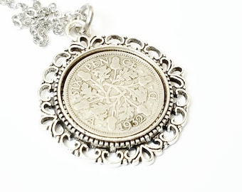 1932 Birthday Gifts for Women, Lucky Sixpence Pendant Necklace, 91st Birthday Gift, Bracelet Key Chain, sixpence in her Shoe, For the Bride