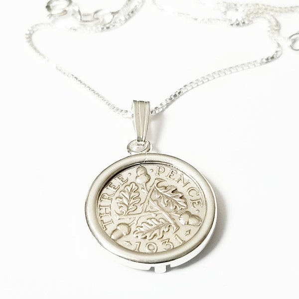 1933 90th Birthday Gifts for Women Sterling Silver UK English Threepence Necklace Bracelet Pendant Three Pence King George three pence