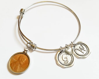 15th Anniversary Gift 2007 2008 2009 US Penny Bracelet Expandable Bangle with initial charm Coin Jewelry