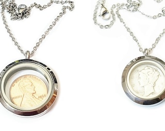 Penny Dime Pendant Locket, Living Floating Locket, Birthday Gifts for Women, Anniversary Gifts for Wife Mom Sister Coin Jewelry Memory