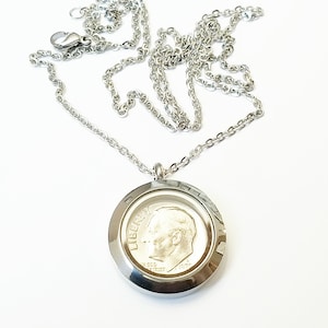 70th Birthday Gifts for Women, 1955 1956 1957 Dime Necklace Birthday Anniversary Pendant Living Floating Locket Necklace Initial Penny