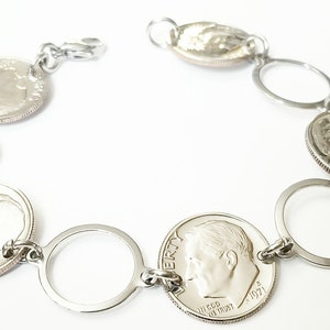 50th Birthday Gift 1974 1975 1976 Anniversary Gift Dime Stainless Charm Bracelet Birth Year Birthdate Coin Adjustable