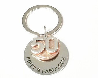 50th Birthday Gifts for Men, Women, 50 and Fabulous, 1975 1976 1977 50th Anniversary Gift Keychain Lucky Penny Keyring, Husband Wife Fifty