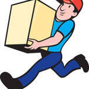 May include: A person wearing a blue shirt and blue trousers is running while carrying a large cardboard box.