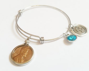 35th Birthday Gift 1987 1988 1989 Bracelet Birthstone Happy Birthday Gift US Penny Bracelet Expandable Bangle initial charm  Coin Jewelry