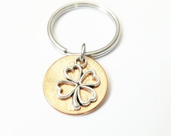 Lucky Penny Clover, Anniversary Birthday Gift, Personalized Penny Keychain, Couples Keyring, Husband Wife Gift, Boyfriend Girlfriend Gift