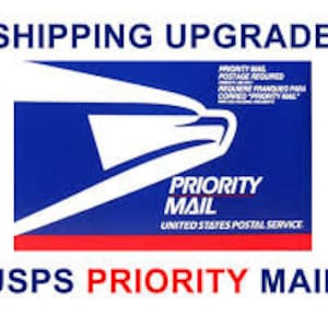 May include: A blue and red USPS Priority Mail shipping label with the USPS eagle logo and the text "PRIORITY MAIL" in white.