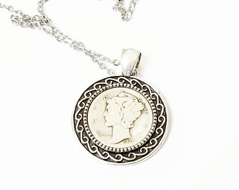 90-årspresenter till kvinnor 1935 1936 1937 Dime-halsband, present till 90-åring, presentidéer till 90-årsdagen, Mercury Dime, mormor, faster, mamma
