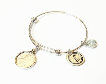 75th Birthday Gift 1943 Penny WWII Bracelet Birthstone Happy Birthday Gift US Penny Bracelet Expandable Bangle initial charm Coin Jewelry
