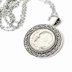 75th Birthday Gift 1949 1950 1951 Silver Dime Necklace Bezel Cameo Cabochon Pendant Born in 1950 Gifts for Women Grandma Mom Nana 74th 76th
