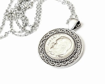 55th Birthday Gifts for Women 1966 1967 1968 Dime Necklace Bezel Cameo Cabochon Pendant 1967 Gifts for Women Mom Gift Double Nickels Gift