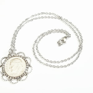 75th Birthday Gift 1949 1950 1951 Silver Dime Necklace Bezel Cameo Cabochon Pendant Born in 1950 Gifts for Women Mom Grandma Nana 74th 76th