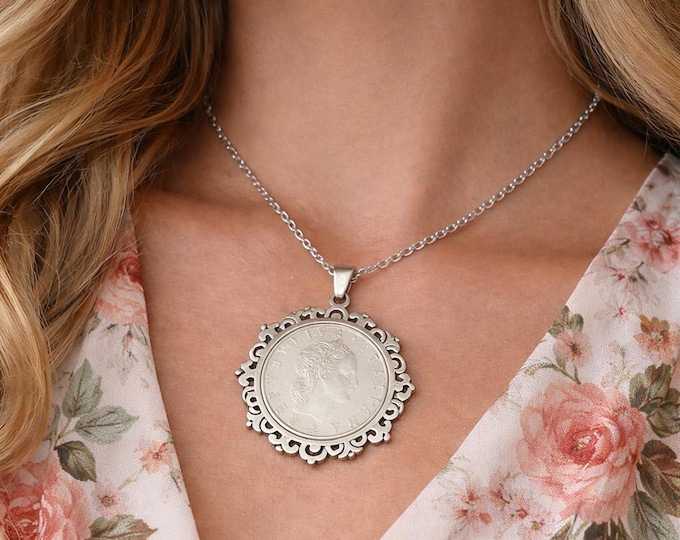 Italy 50 Lire Coin Pendant Necklace Italian Coin Capri Rome Milan Venice Tuscany Sicily Santa Margherita Florence Sardinia