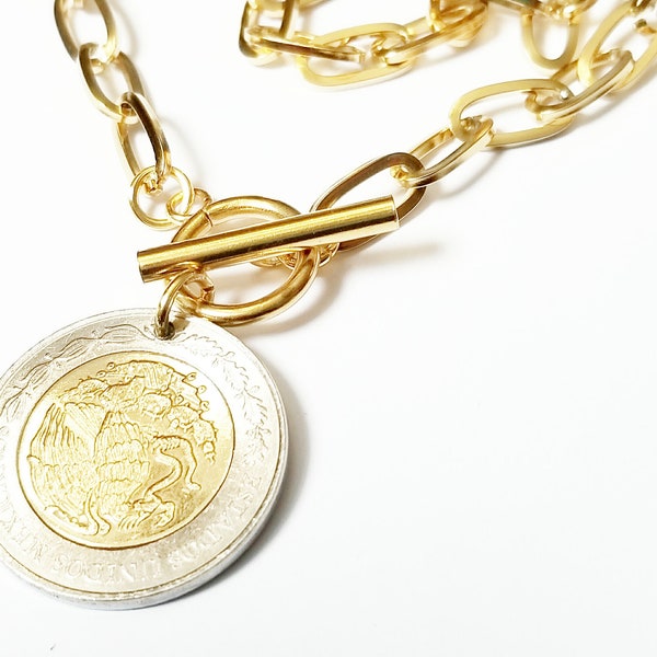 Banco de México Pièce de 1 Uno Peso Dos Pesos Mexicain Authentique Collier pièce de monnaie, Bracelet porte-clés de voyage en acier inoxydable Cinco