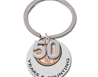 50th Birthday Gift 1975 1976 1977 50th Anniversary Gift Fifty Years and Counting Penny Key Chain Keyring Wedding Lucky Penny 49th 51st