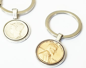 80th Birthday Gift 1944 1945 1946 Anniversary Gift Key Chain Lucky Penny Keyring US 1 cent  Dime Keychain House Key Gifts for Men Grandpa