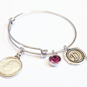 60th Birthday Gift 1964 1965 1966 Gift US 90% Silver Dime Bracelet Birthstone Expandable Bangle initial Coin Jewelry
