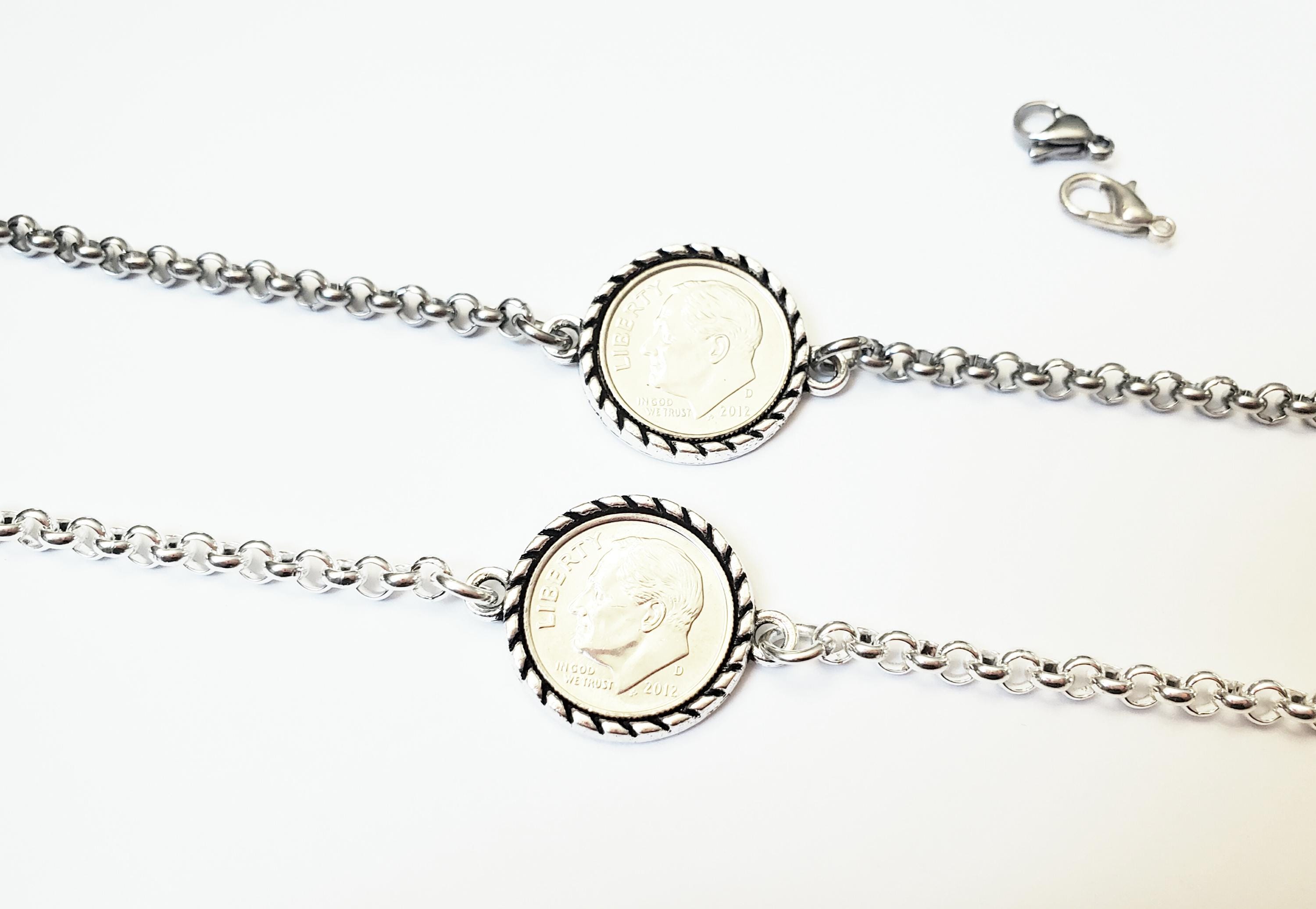 Dime Silver Plated Stainless Charm Rolo Link Bracelet Toggle Clasp US ...