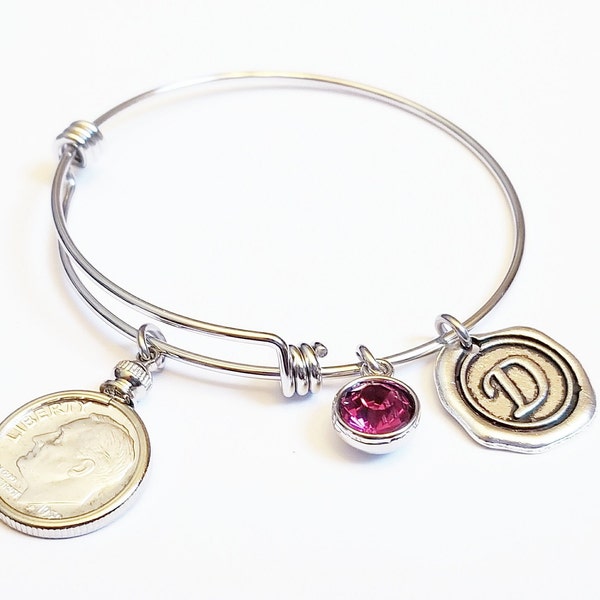 65th Birthday Gift US 1957 1958 1959 90% Silver Dime Bracelet Birthstone Expandable Bangle initial Coin Jewelry born in 1958 gifts for women