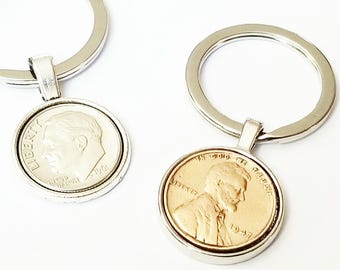 Regalo per l'80° compleanno, regalo per l'anniversario del 1945, 1946 e 1947, portachiavi con penny portafortuna, portachiavi da 1 centesimo di dollaro USA, portachiavi con chiave di casa, regali per uomini, nonno