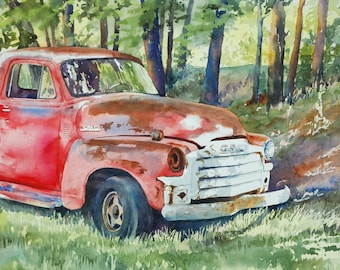 Old red GMC vintage truck watercolor art print