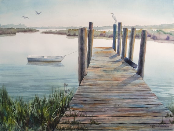 Wharf, boat, on a river watercolor print
