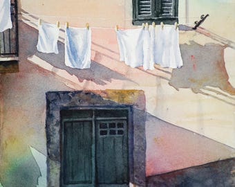 Wash day, hanging wash in the Italian town in Cinque Terre, Italy, watercolor art print