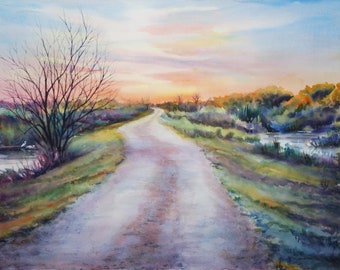 Dammstraße, Landschaftsmalerei, Sumpfmalerei, Aquarell Kunstdruck