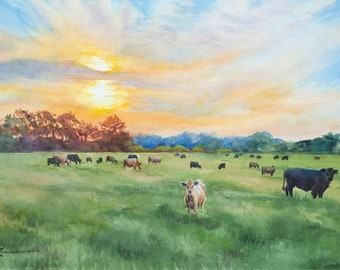 Cattle in the pasture at sunset, rural scene watercolor print