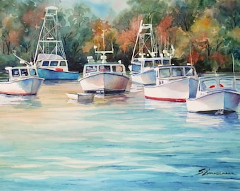 Marina in Maine, boats moored in a bay, original watercolor