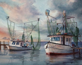 The Fisherman, shrimp boats at the pier watercolor print